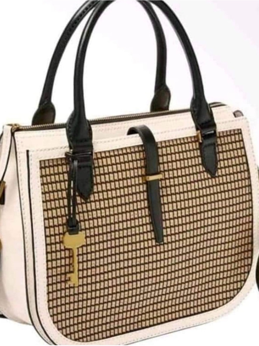 Fossil Two-Tone Woven Front Satchel - Cream, Tan & Black